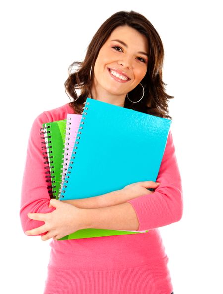 Female student holding notebooks - isolated over white