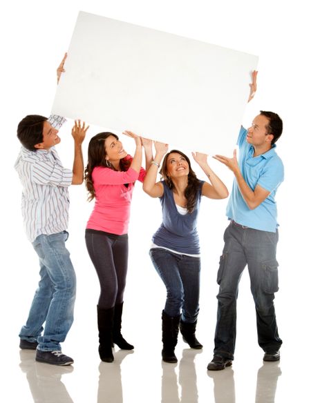 Funny group carrying a banner - isolated over a white background