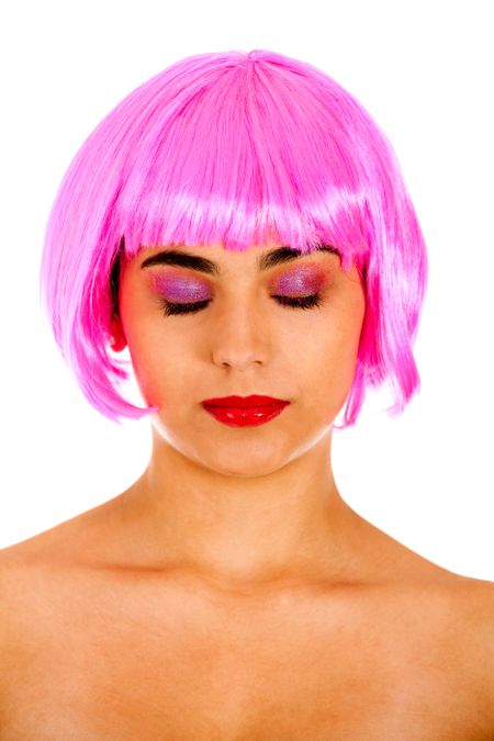 Beautiful woman portrait wearing a pink wig with eyes closed- isolated