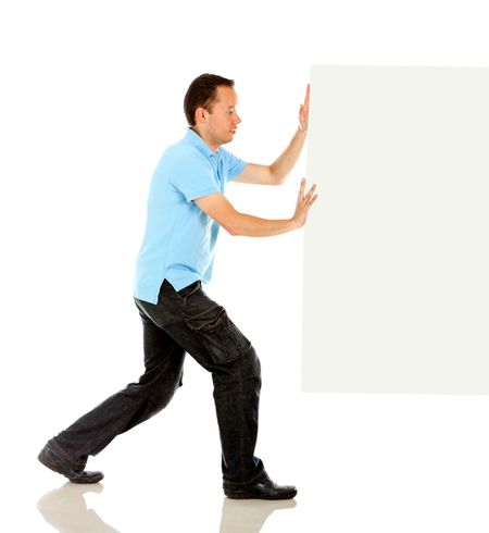 Fullbody man pushing a banner ad - isolated over a white background