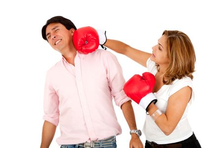 Couple fighting with boxing gloves - isolated over white