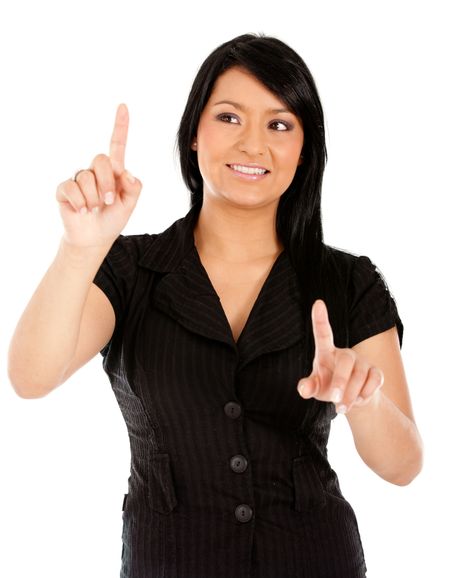Business woman touching an imaginary screen with her fingers - isolated