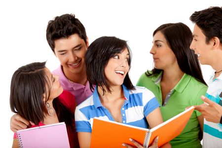 Group of students with notebooks and talking - isolated over white