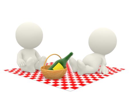 3D couple having a picnic - isolated over a white background