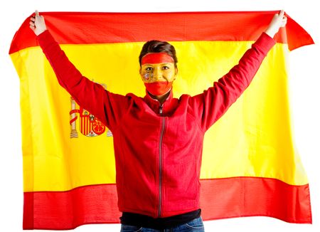 Spanish woman holding the flag and with paint on her face