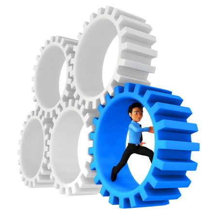 3D man running in assembled cogwheels - isolated over a white background