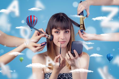 Young brunette woman smiling at hairdresser with clouds and air balloons around
