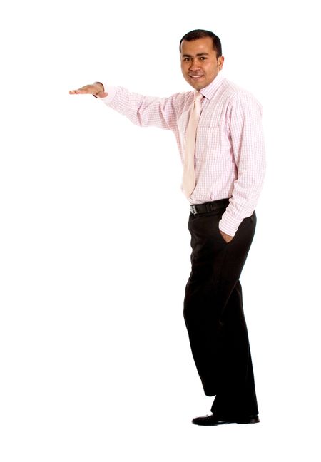 business man leaning over something imaginary - isolated over a white background