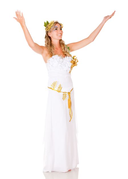 Beautiful fullbody Greek goddess with arms up - isolated over white