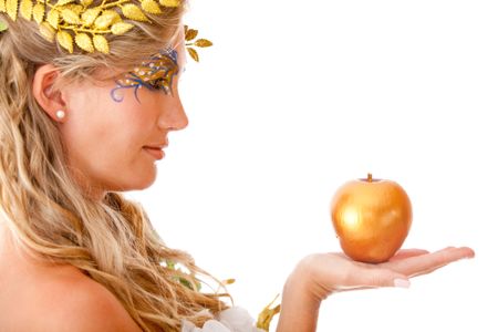 Portrait of a beautiful Greek goddess holding an apple- isolated over white