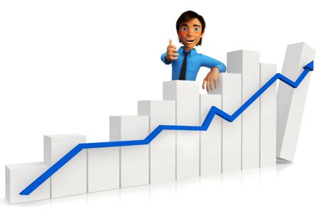 3D business man with a growth graph and thumbs up ? isolated over white