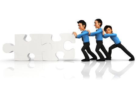 3D business team assembling puzzle pieces -isolated over white