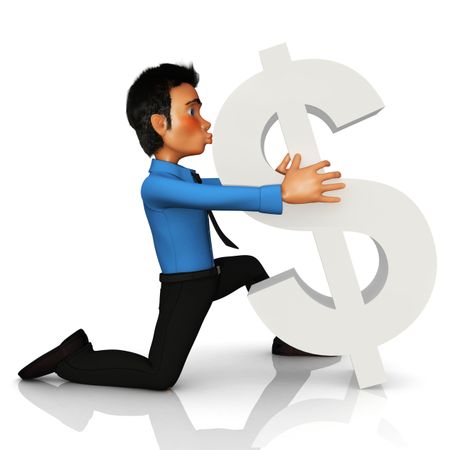 3D business man kissing a dollar sign - isolated over a white background