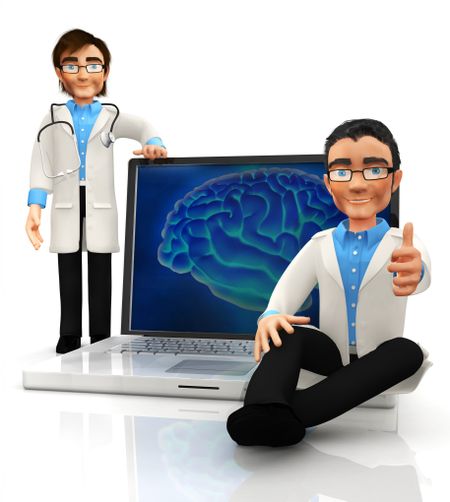 3D neurologist doctors with a laptop displaying a brain - isolated