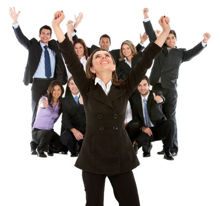 Business woman leading a successful team with arms up ? isolated