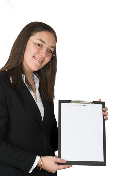 business woman with folder showing results :)