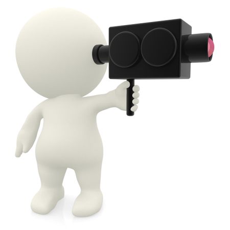 3D man filming with a video camera - isolated over white