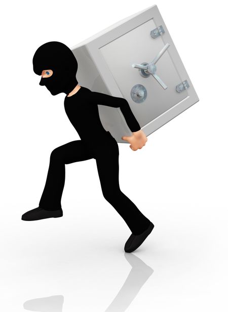 3D thief stealing a safe ? isolated over a white background
