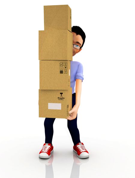 3D man moving house and carrying boxes ? isolated