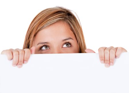 Girl holding a banner ad - isolated over a white background