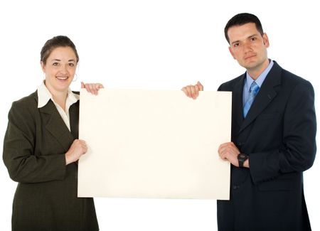 business partners holding a banner add isolated over a white background