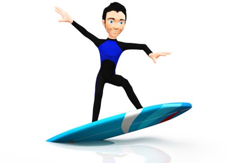 3D surfer with a surfboard - isolated over a white background