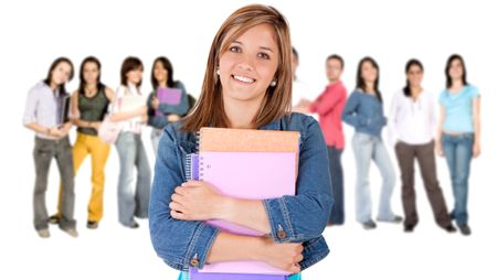 Woman leading a group of college students - isolated over a white background