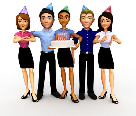 3D Business group celebrating a birthday, anniversary or promotion - isolated