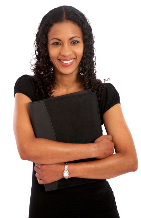 business woman portrat smiling with a folder over a white background