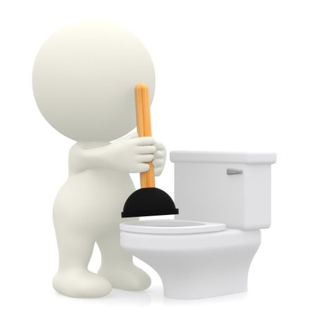 3D person unblocking the toilet with a plunger - isolated over