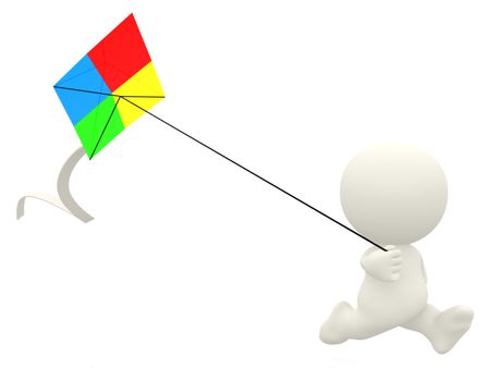 3D cartoon man flying a kite - isolated over a white background