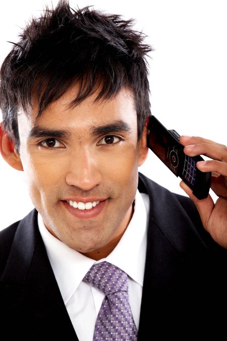 Business man on the phone smiling isolated over a white background