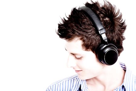 guy listening to music looking happy over white - high key