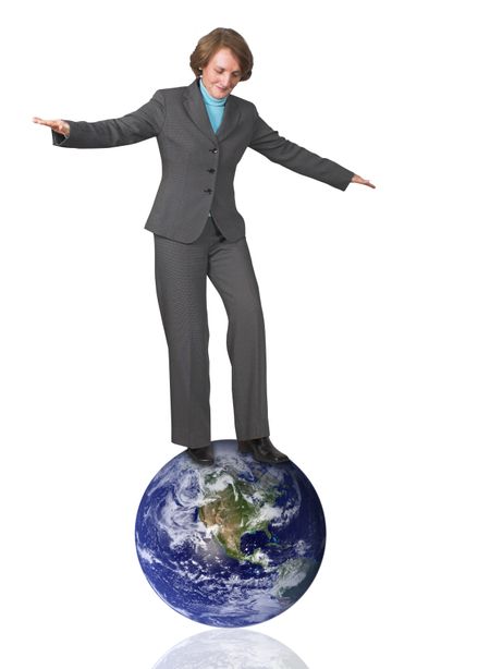 business woman balancing 45 degree angle over the earth