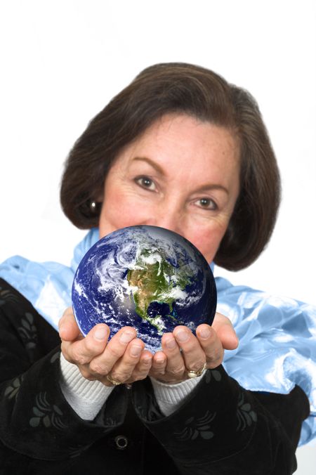 business woman holding globe