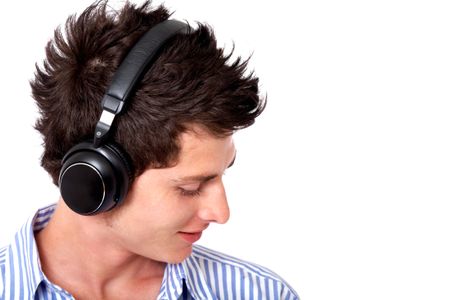 guy listening to music looking happy over white