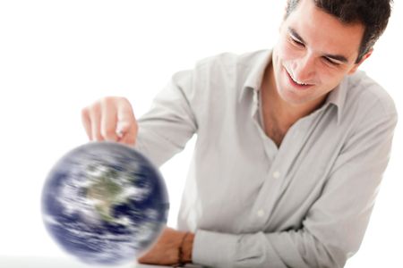 Man spinning the world with his hand - isolated over a white background