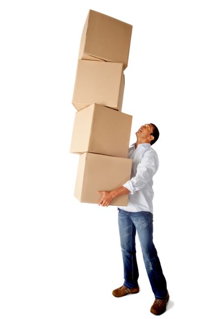 Man carrying heavy carboard boxes - isolated over a white background