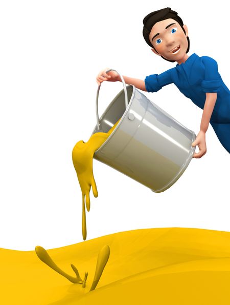 3D man throwing yellow paint from a can - isolated over a white background