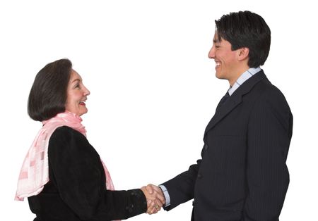 business couple shaking hands - smiling - full bodies