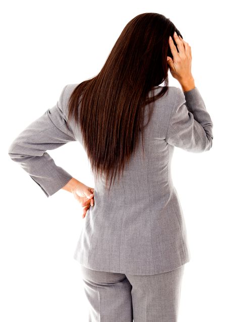 Business woman having problems scratching her head - isolated over white