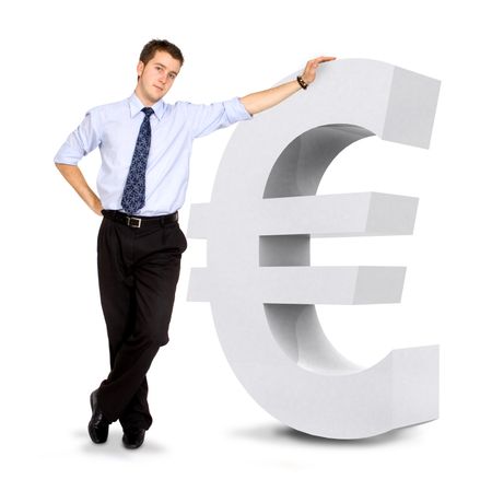euro currency sign with a business man leaning on it - isolated over a white background