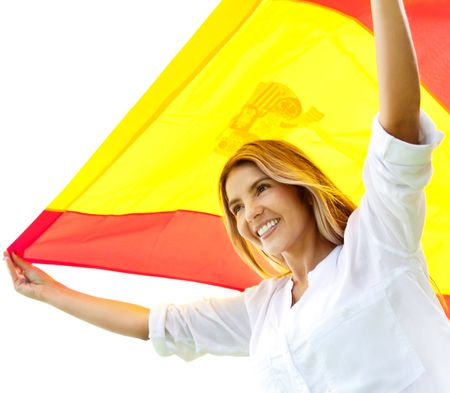 Patriotic woman holding up the Spanish flag