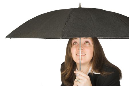 business woman with a black umbrella over white