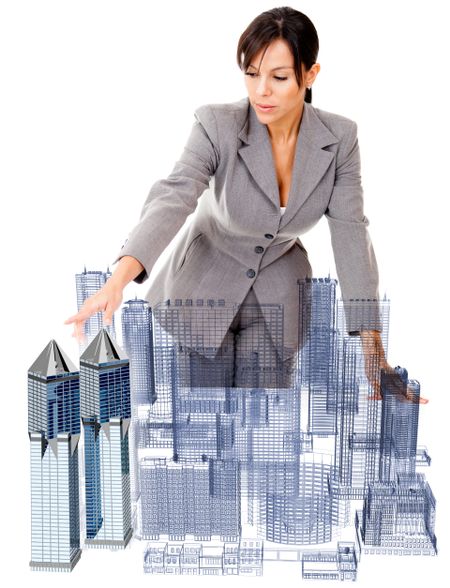 Female architect with a model - isolated over a white background