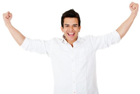 Free Photo  Young happy man with thumbs up sign in casuals isolated on  white background.