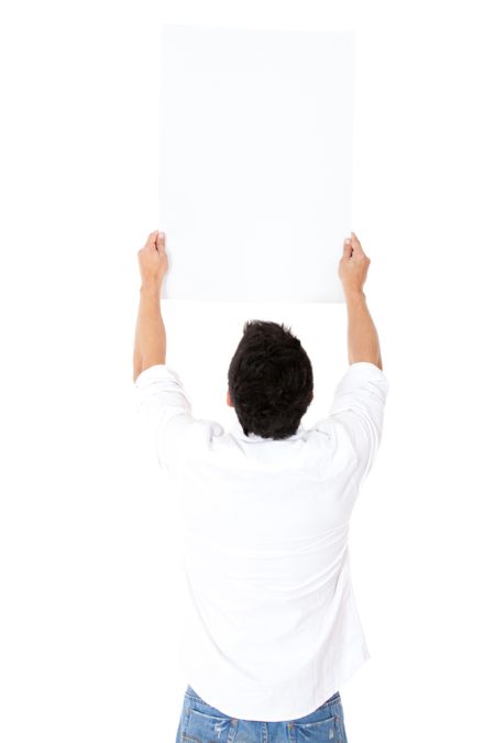  Rear view of man holding at a banner - isolated over a white background