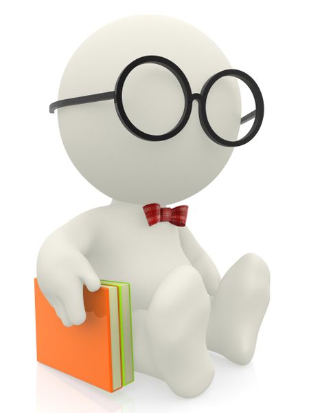 3D smart man or nerd with a book - isolated over a white background
