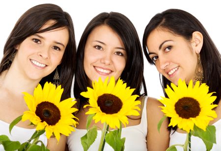 friends with flowers smiling - isolated over a white background