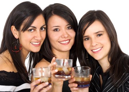female friends drinking at a party - isolated over a white background